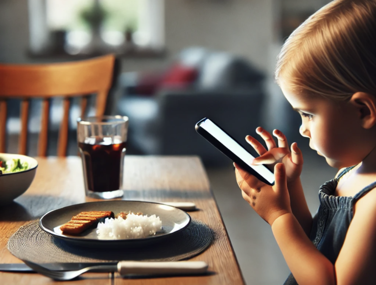 kids eating while watching phone