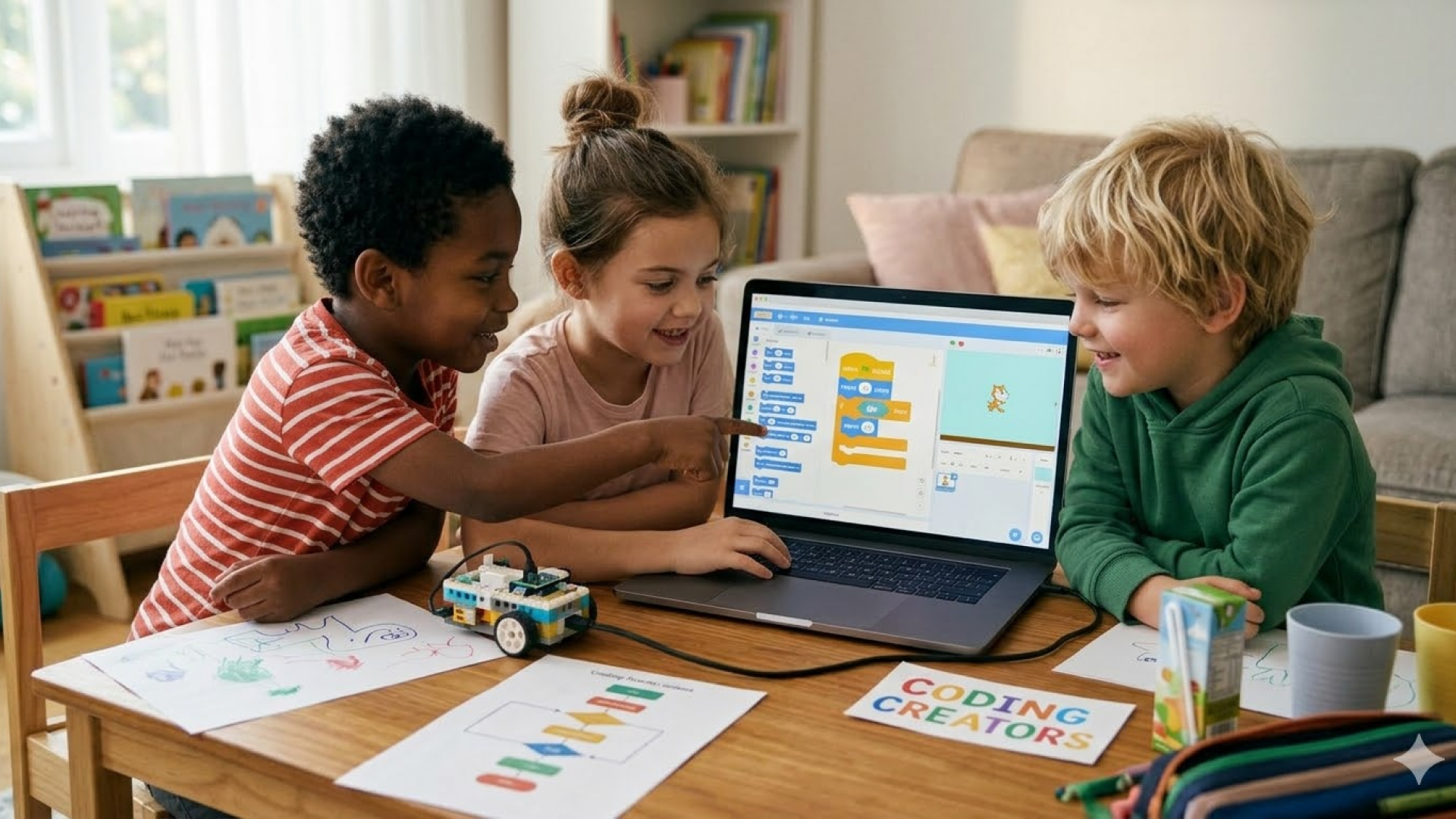 Child learning beginner coding with block-based game as a technology activity for kids at home