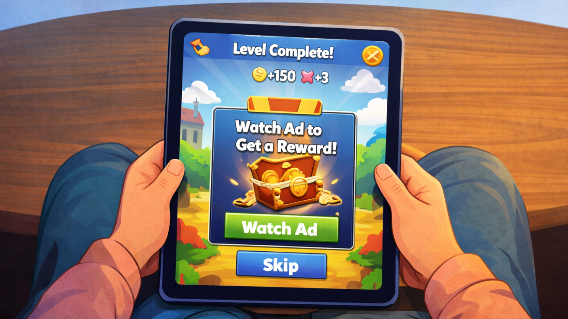 Child playing a mobile game on a smartphone while in-game ads and reward pop-ups appear, illustrating how online ads for kids are embedded inside free apps and games.