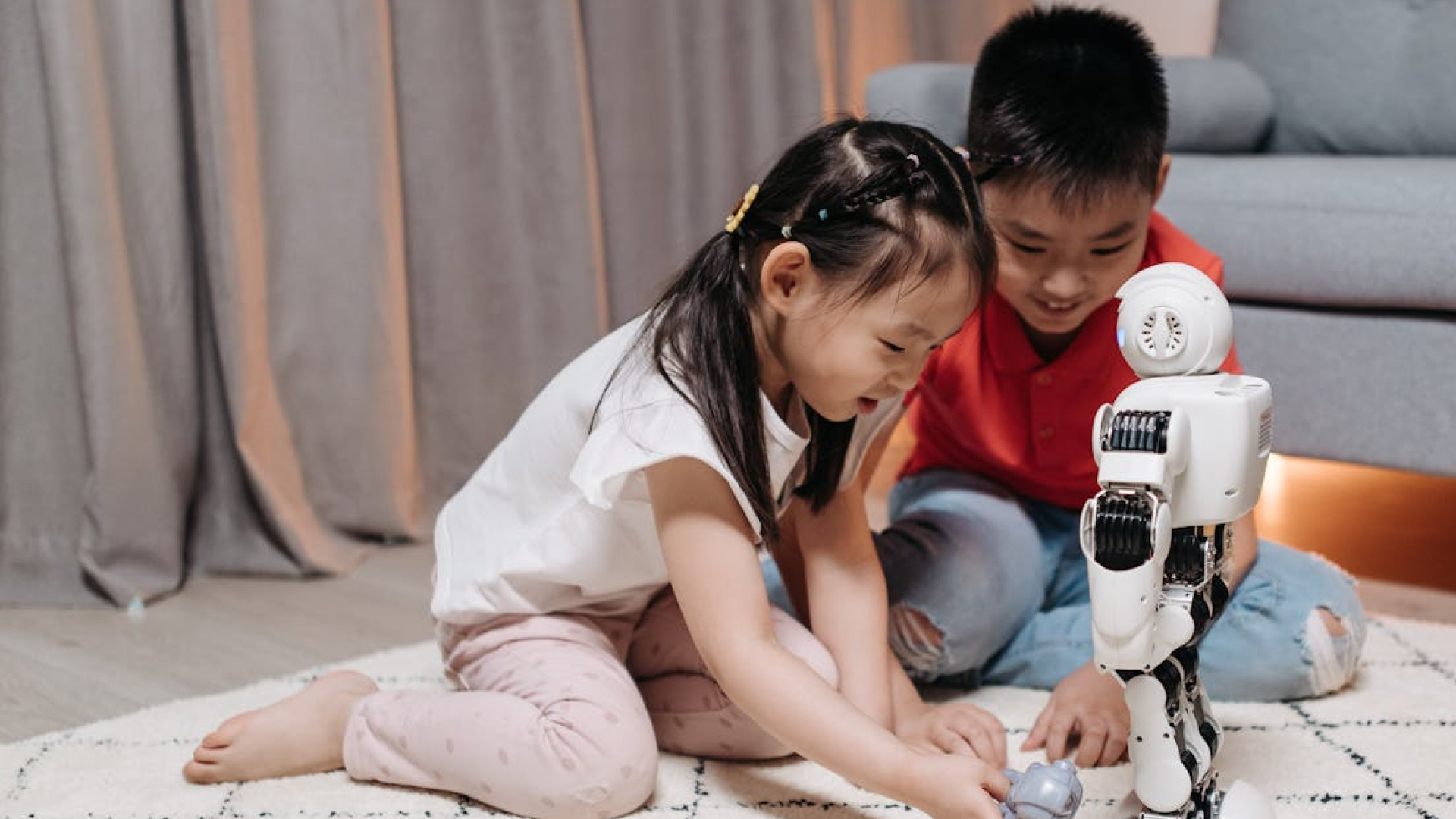 kids playing with robot
