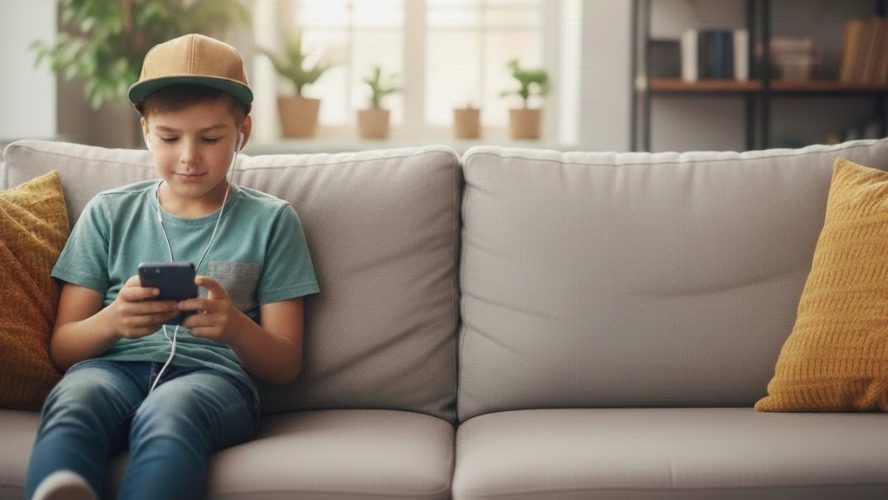Child listening to music using a kid-friendly music app under parental guidance